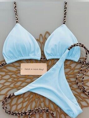 Light Blue Thong Bikini with Leopard Tie Straps